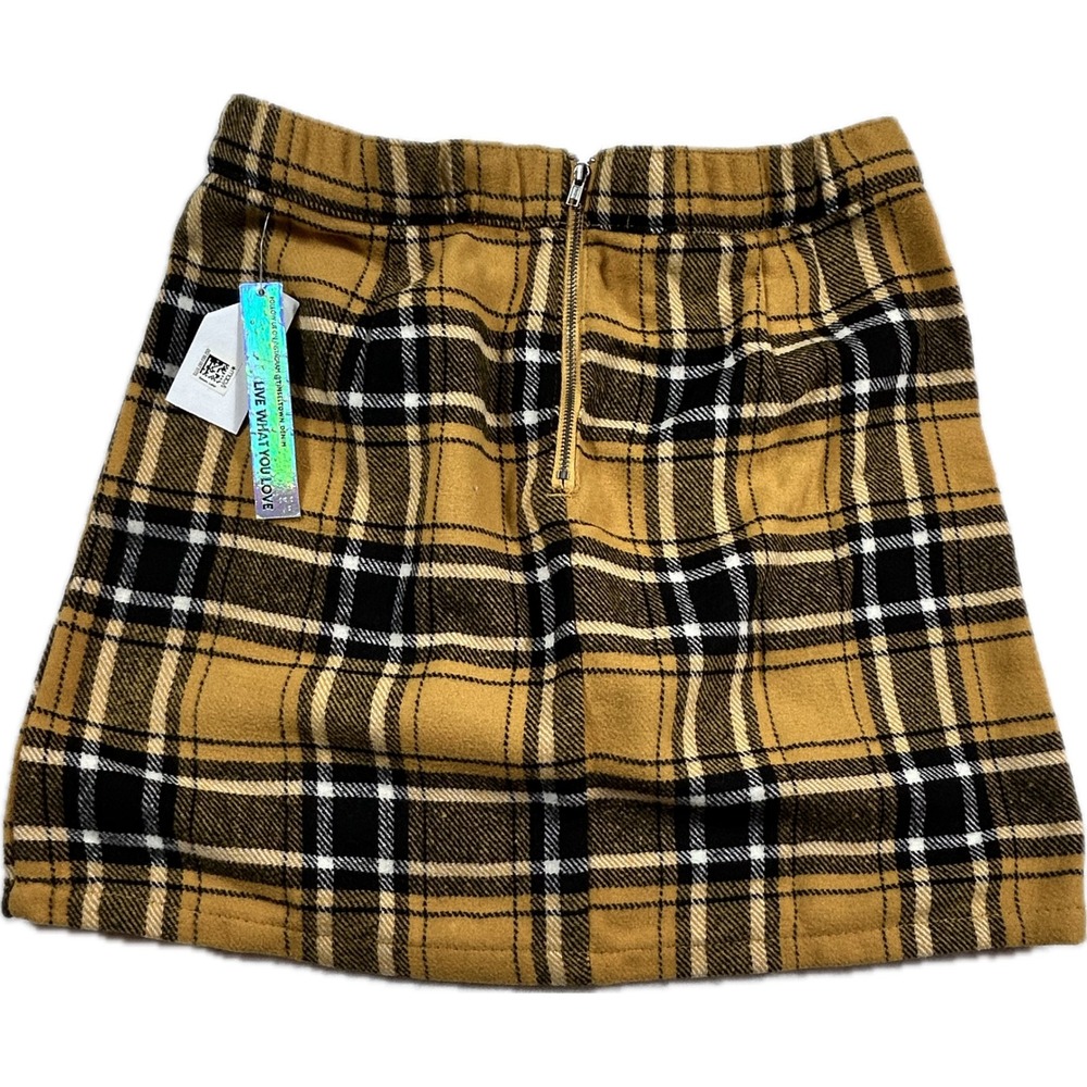 Tinseltown Plaid Mini Skirt Mustard Yellow Black White Front Slit Back Zip NEW